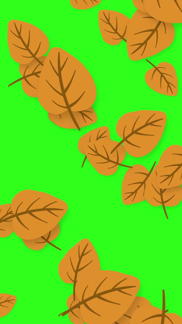 Foglie marroni stilizzate cadono e fluttuano su uno schermo verde vibrante con orientamento verticale.