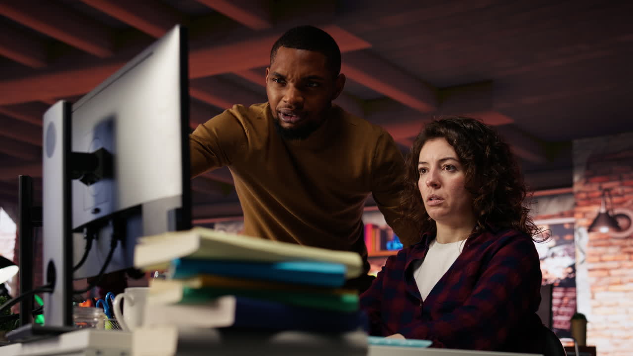 Startup office chief technology officer overseeing woman building application