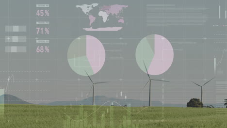 in field, wind turbines with animation overlay displaying testing data percentages