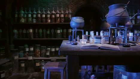 a wizard's potion room with bottles and jars