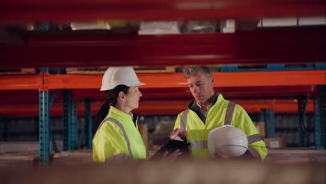 warehouse workers discussing inventory with safety gear