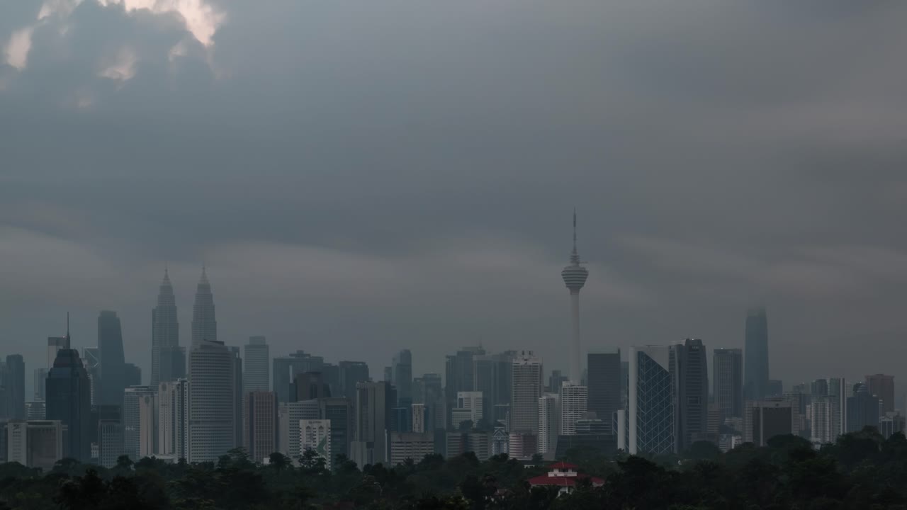 Time lapse di un temporale nuvoloso sullo skyline di Kuala Lumpur di giorno, con nuvole che si muovono velocemente.
