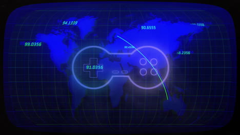 game controller and coordinates animation over world map with blue grid