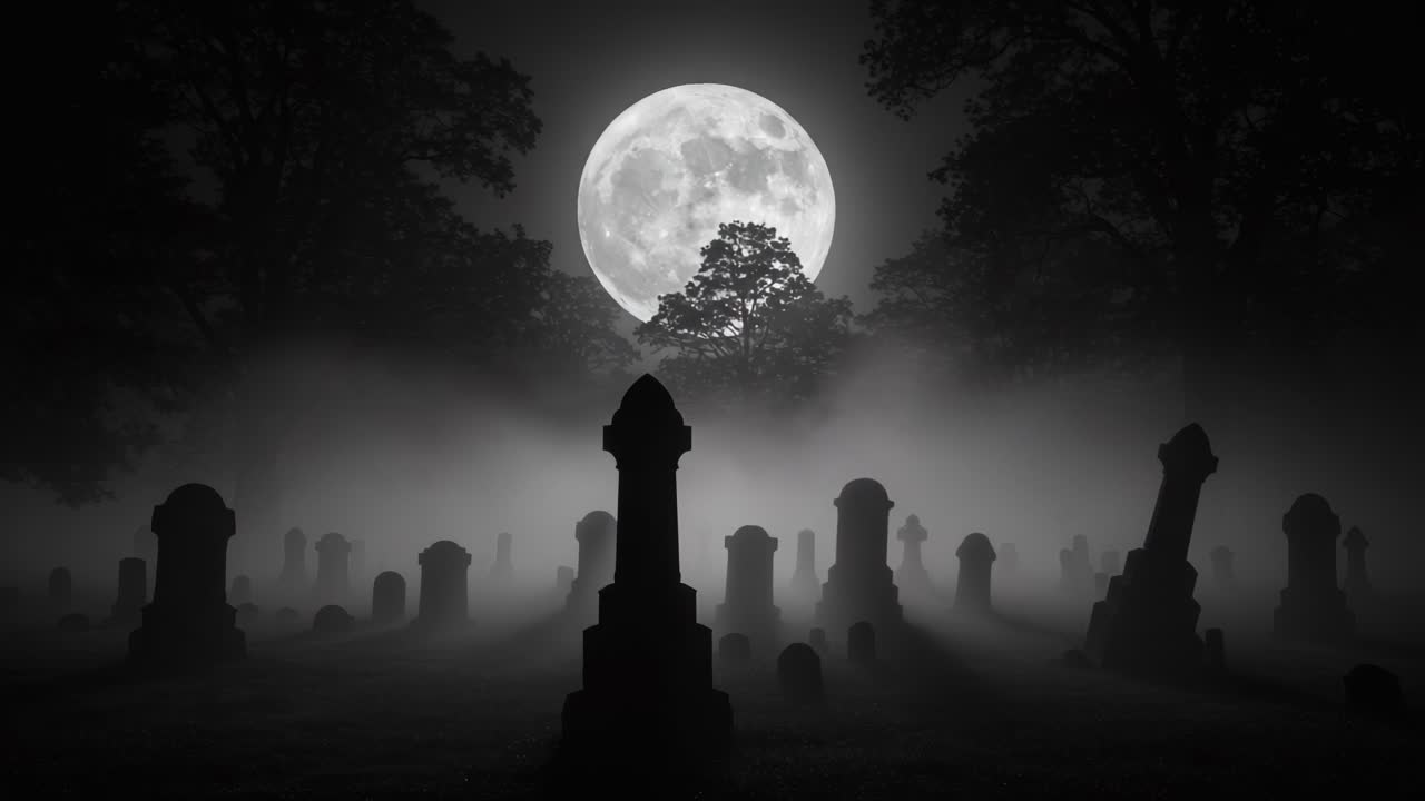 A Hauntingly Beautiful Night in the Graveyard Under a Full Moon, Where Shadows Dance Among the Tombstones and Fog Envelopes the Forgotten Souls of the Past