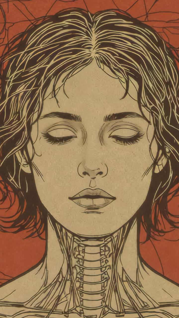 Vertical video: Displaying female head and neck on red canvas, showing neck muscles and vertebrae