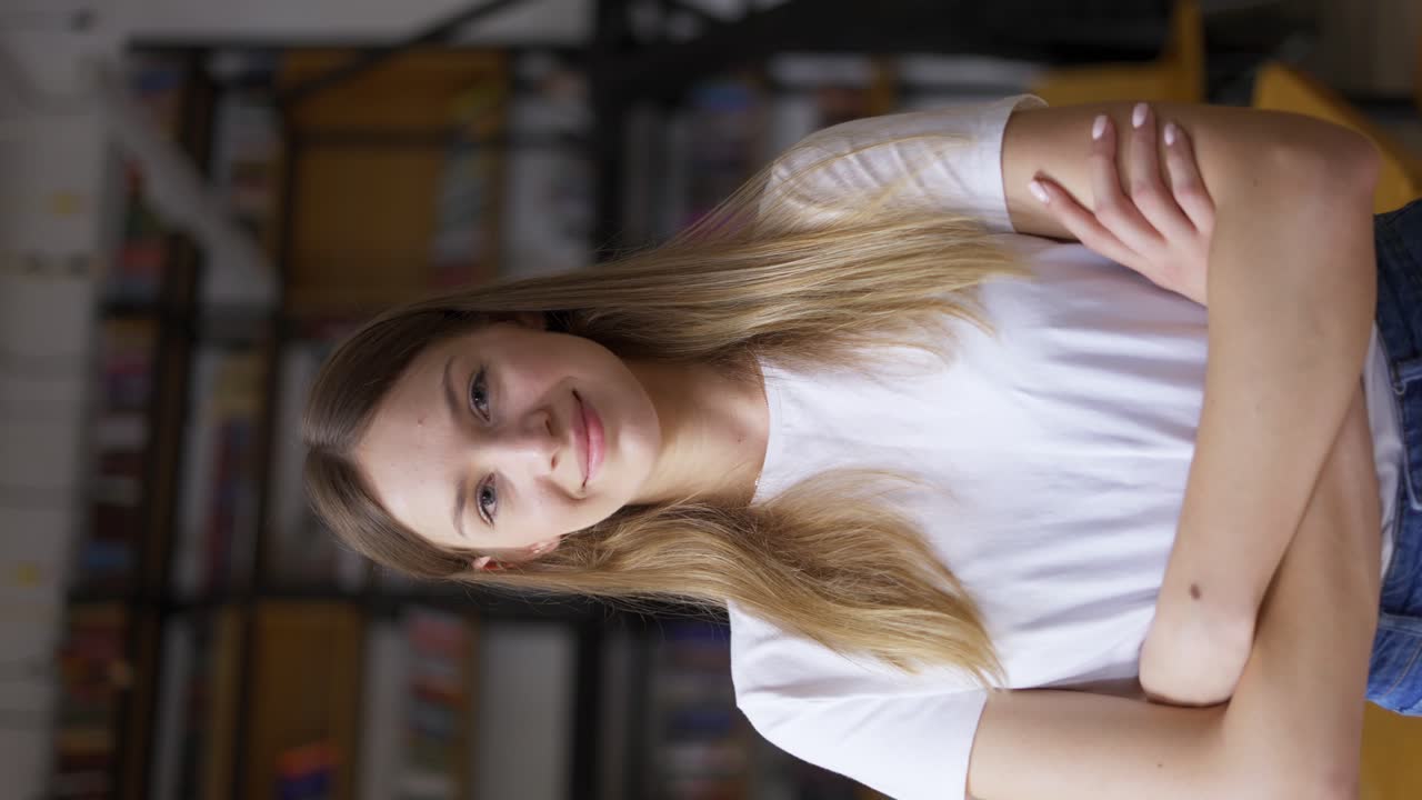 chica linda positiva con cabello rubio vistiendo camisa estudiante mirando a la cámara sonriendo amigablemente