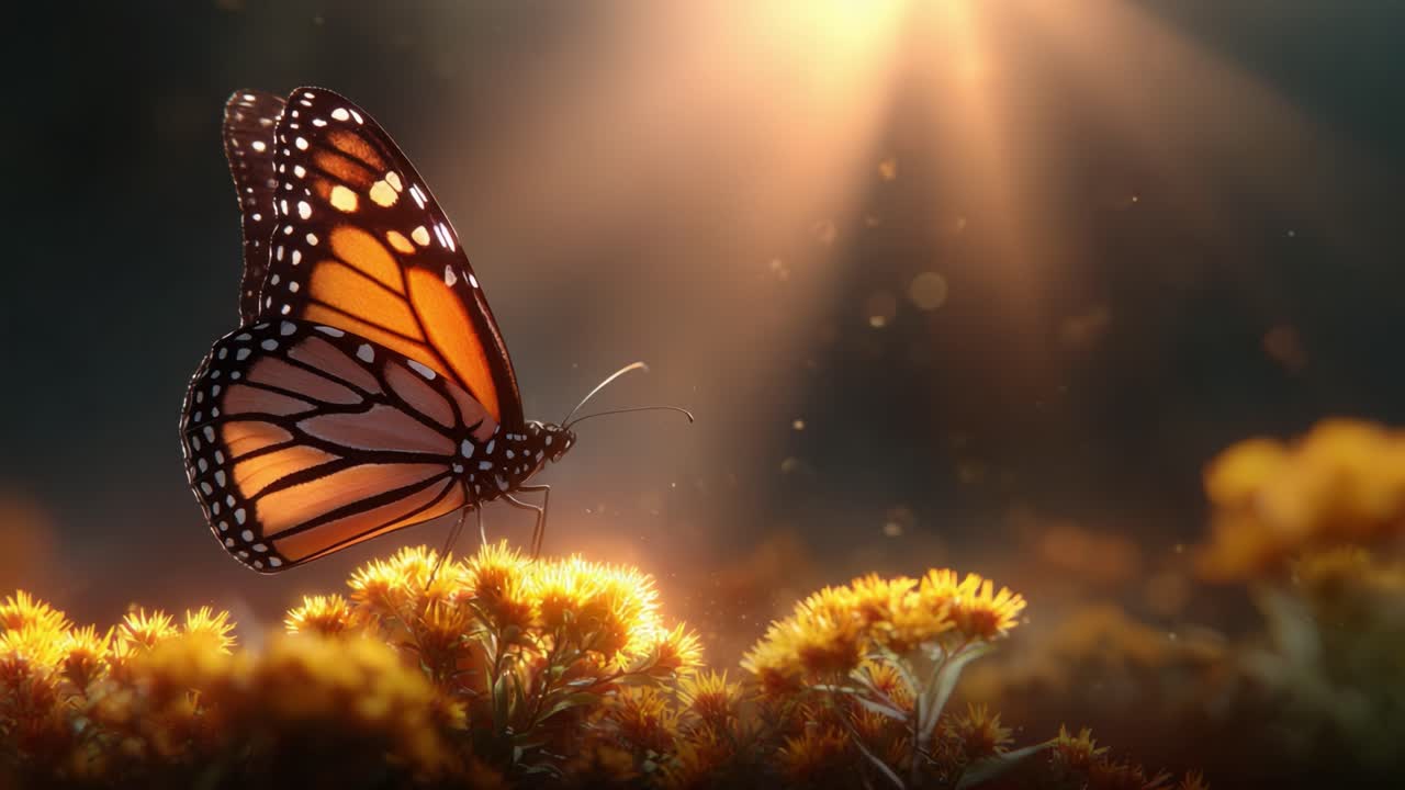 Ein leuchtender Monarchfalter ruht inmitten goldener Blumen, während sanfte Sonnenstrahlen die Schönheit der Natur in einer friedlichen Umgebung einfangen