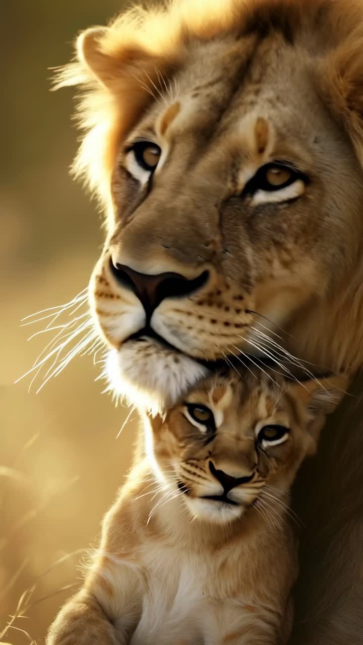 Close-up side view of a lion and cub in warm light, showcasing their majestic profiles