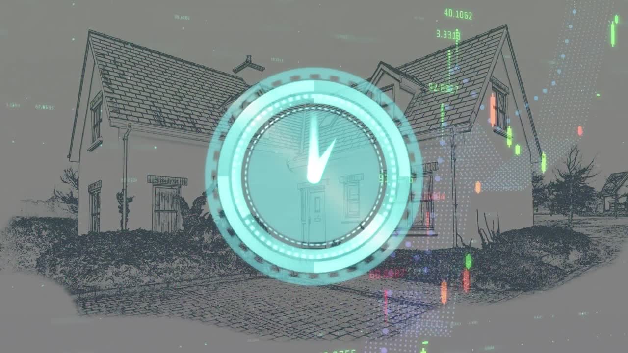 빠르게 움직이는 시계의 애니메이션과 집에서 데이터 처리를 하는 통계