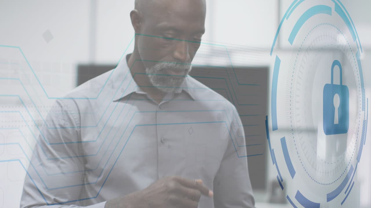 Professional man tapping tablet screen and activating spinning padlock UI for secure data flow