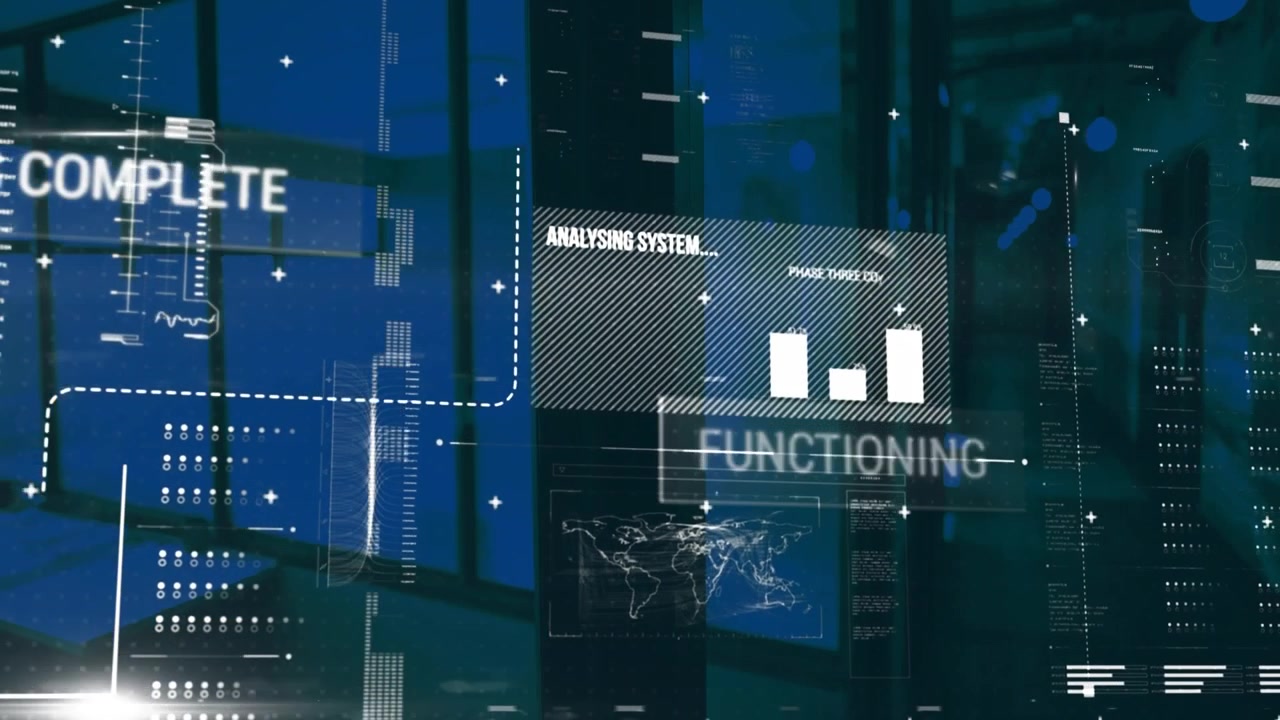 Animation of data processing over dark background
