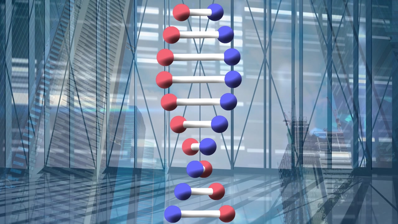 Animation of dna strand spinning over cityscape