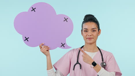 Woman,-nurse-and-speech-bubble-presentation