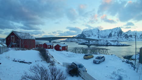 timelapse from hamnoy facing the bridge in lofoten islands, norway