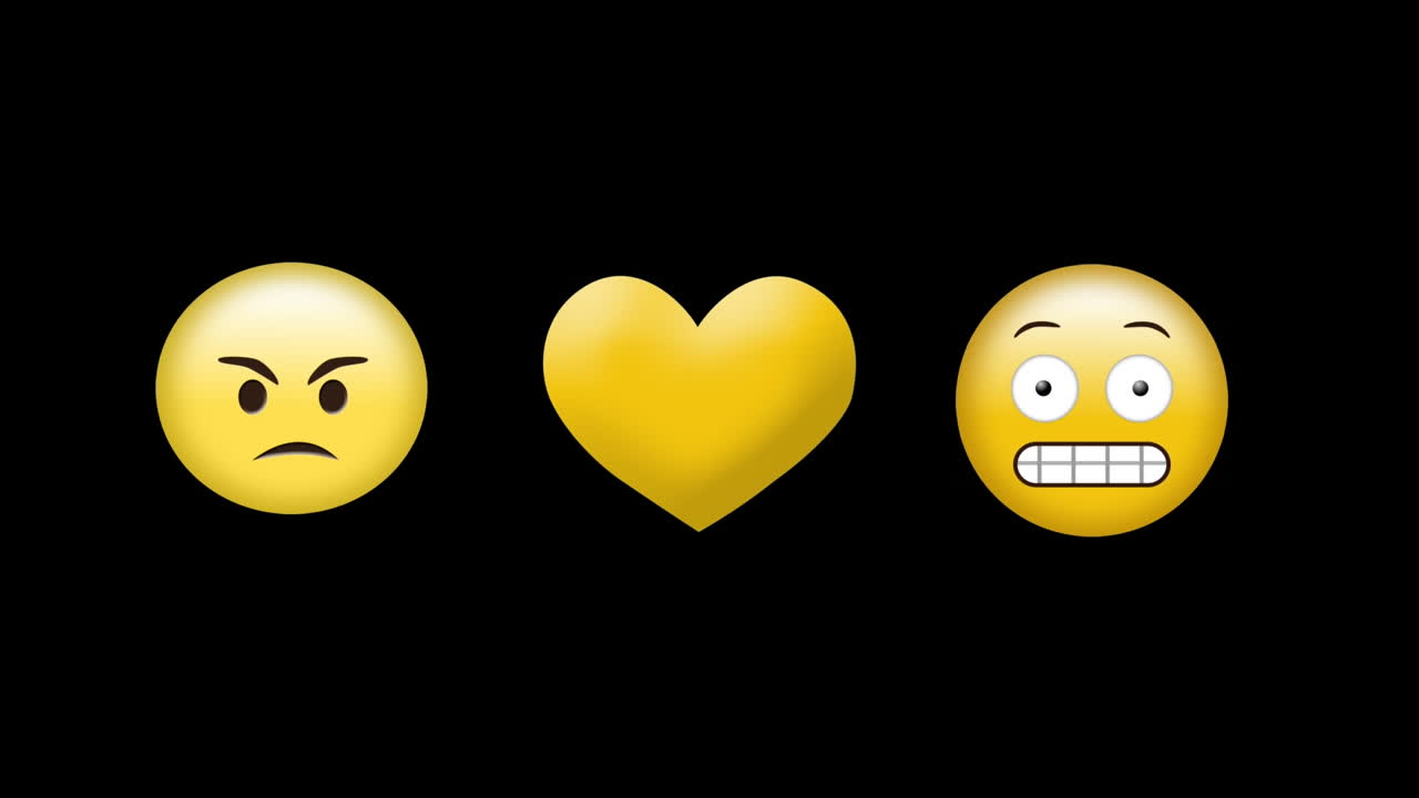 Digital animation of yellow heart icon, sick and grimacing face emojis against black background