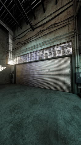 abandoned warehouse interior with rusty garage door