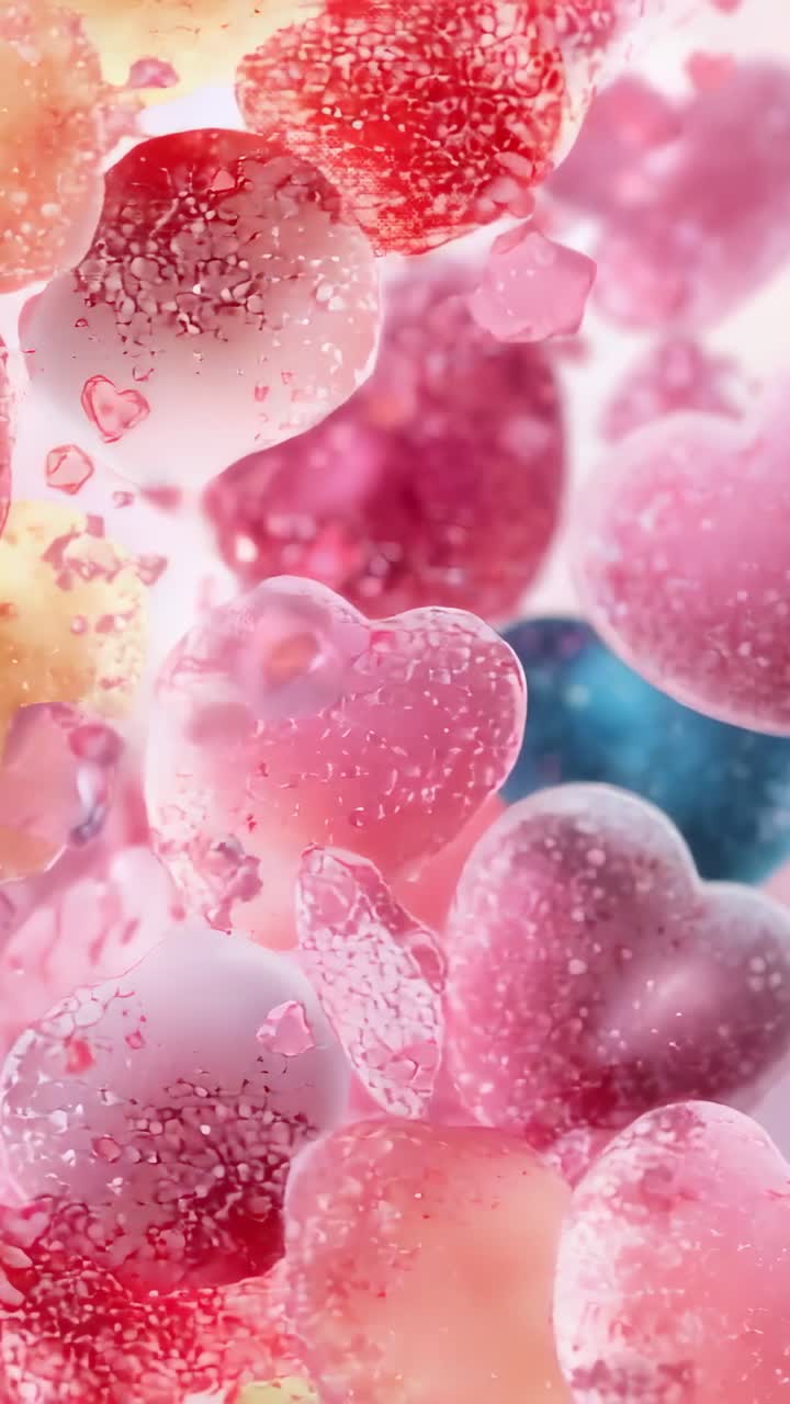 Video verticale: frammenti taglienti entrano, tirando verso l'interno perle di vetro a forma di cuore trasparente che formano un gruppo su un rosa tenue