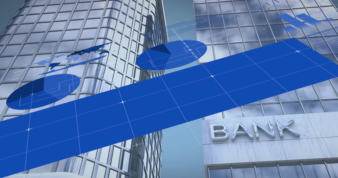 Financial Data Analytics Overlaid on Modern Bank Building