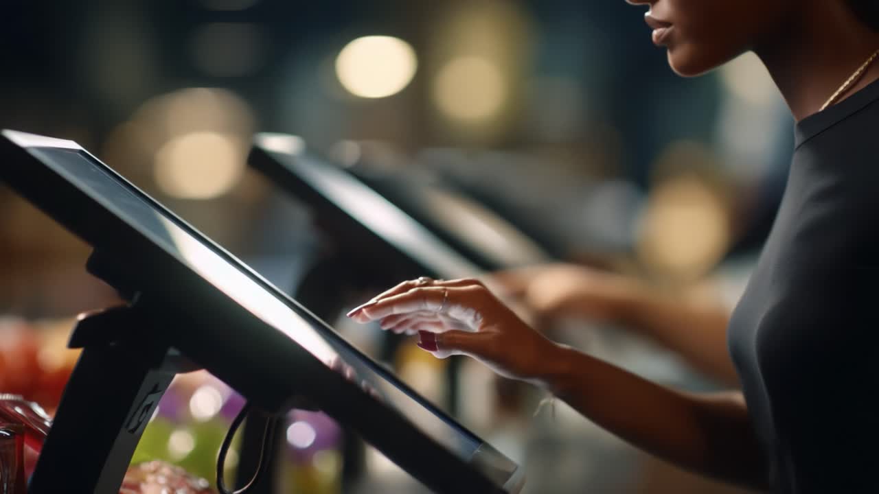 A focus on hands interacting with modern touch-screen technology in a vibrant environment, showcasing the blend of digital innovation and daily life activities in a commercial setting