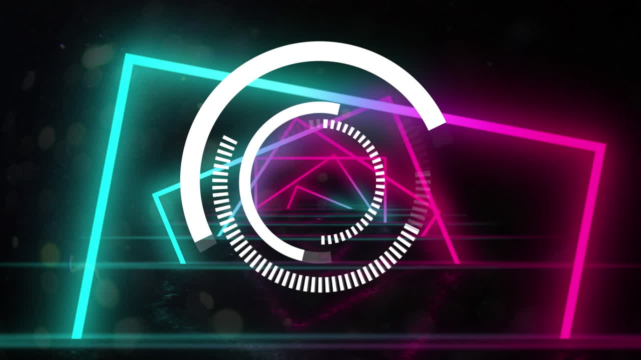 animación de un escáner circular blanco que gira sobre cuadrados de neón azules y rosados sobre fondo negro