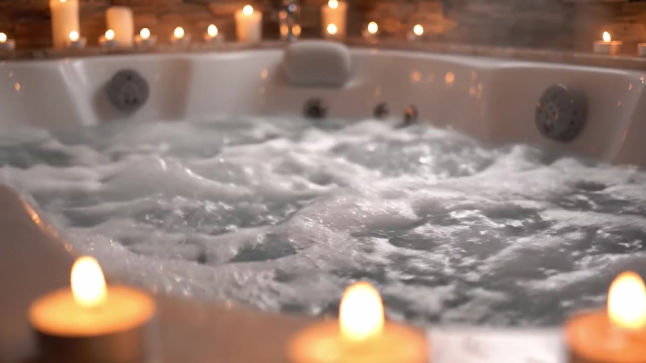 Esperienza spa rilassante: immergiti nel lussuoso calore dell'acqua gorgogliante di una vasca idromassaggio circondata da un'accogliente luce di candele per la massima tranquillità e cura di sé.