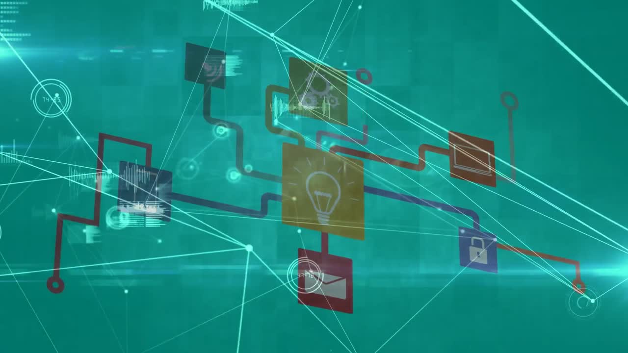 animación digital de una red brillante de conexiones e iconos digitales contra un fondo azul