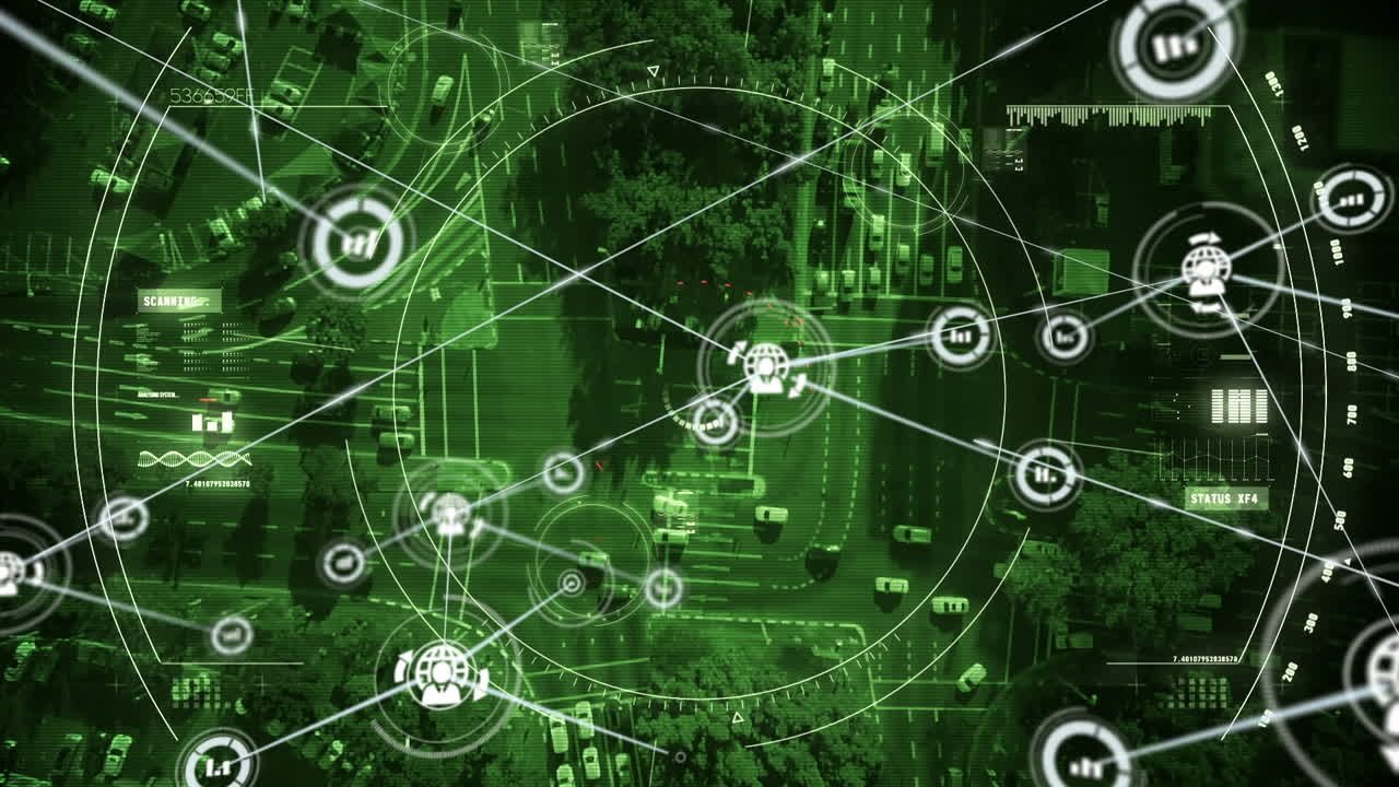 연결 네트워크의 애니메이션과 도시 풍경에 대한 범위 스캔