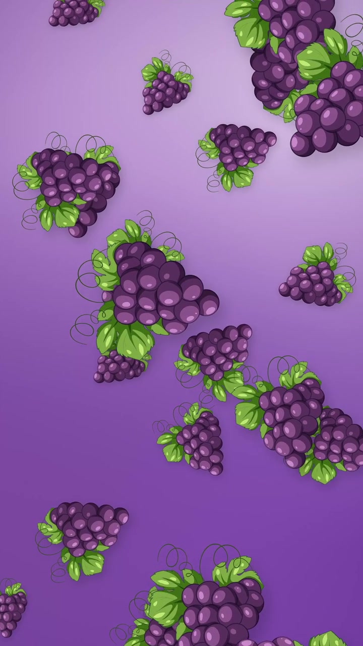 Grappoli d'uva viola stilizzati cadono verticalmente su uno sfondo sfumato viola tenue in animazione 2D