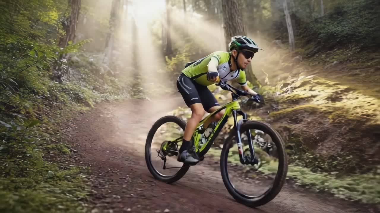 Mountain Biker Riding Through Forest Trail