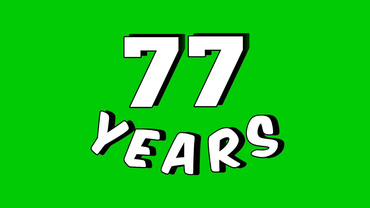 Animazione testuale in stile cartone animato del numero 77 anni su sfondo green screen, perfetta per video di compleanno, anniversario e celebrazioni. Elemento di motion graphic con chroma key per una facile integrazione