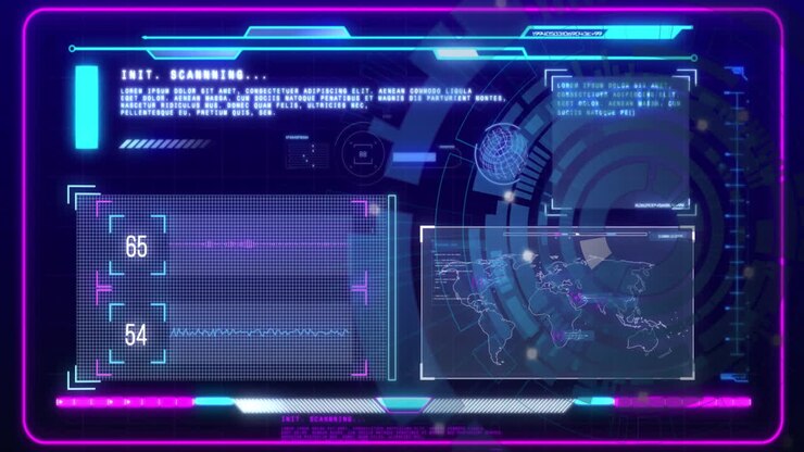 Animation of circular scanner over charts processing data on interface screen
