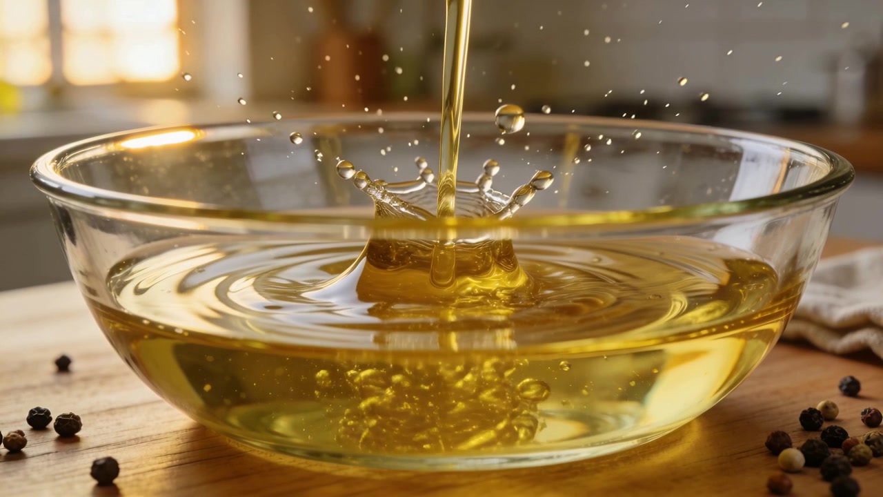 Flusso di olio dorato versato dall'alto, che forma uno schizzo a corona, in una ciotola di vetro increspata sul piano della cucina.