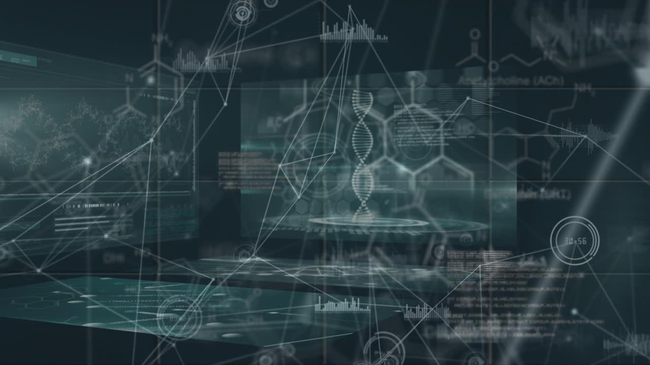 animación de datos científicos, adn y conexiones sobre un fondo negro