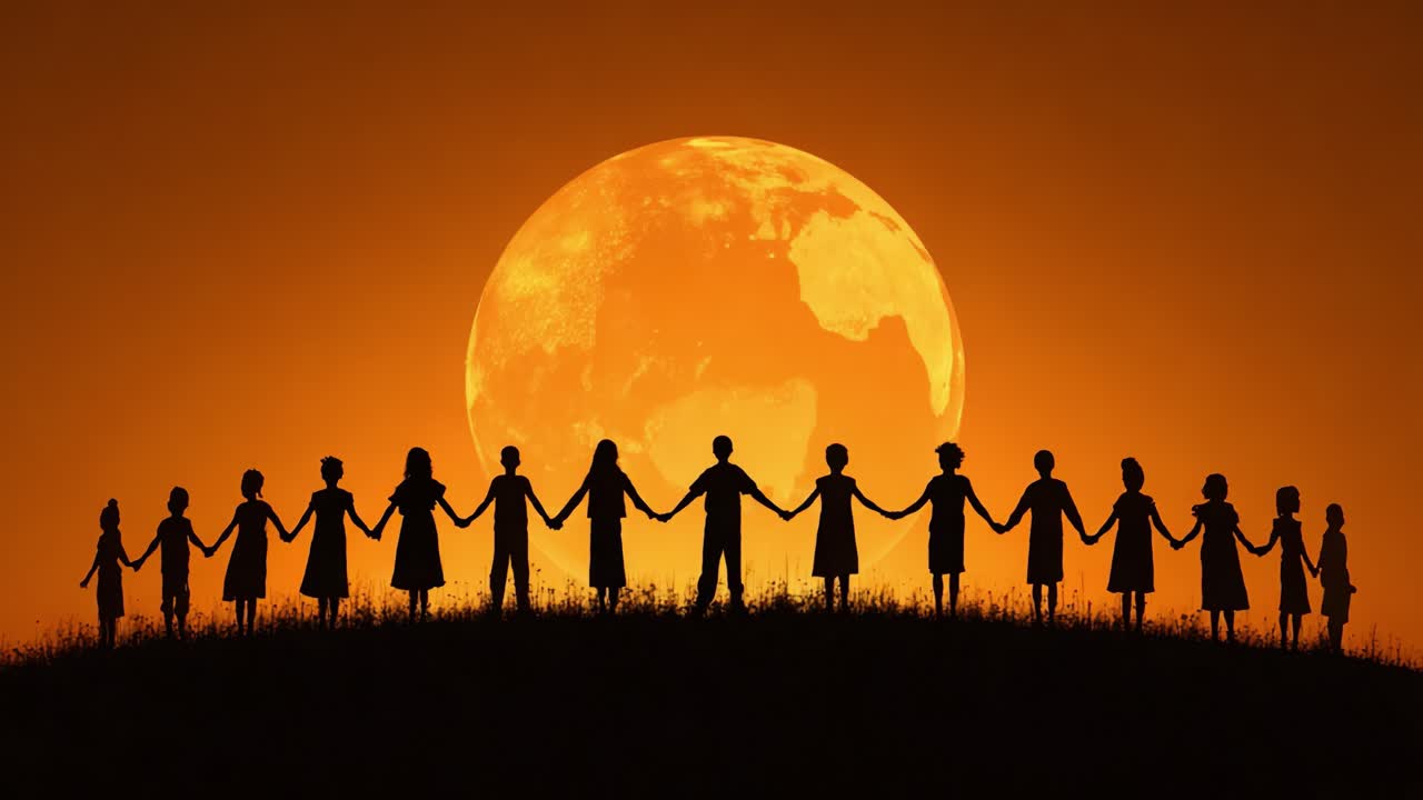 A Group of Silhouetted Figures Holding Hands Beneath a Vibrant Full Moon at Sunset, Creating a Sense of Unity and Connection Against a Stunning Orange Sky