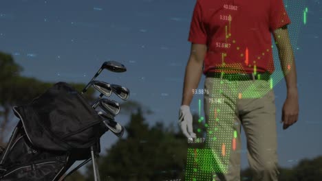 animation of financial data processing over caucasian male golf player