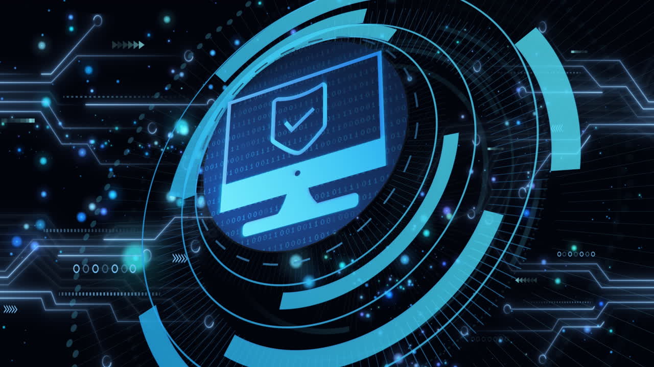 데이터 처리 및 보안 방패를 가진 디지털 아이콘을 가진 컴퓨터 회로 보드의 애니메이션