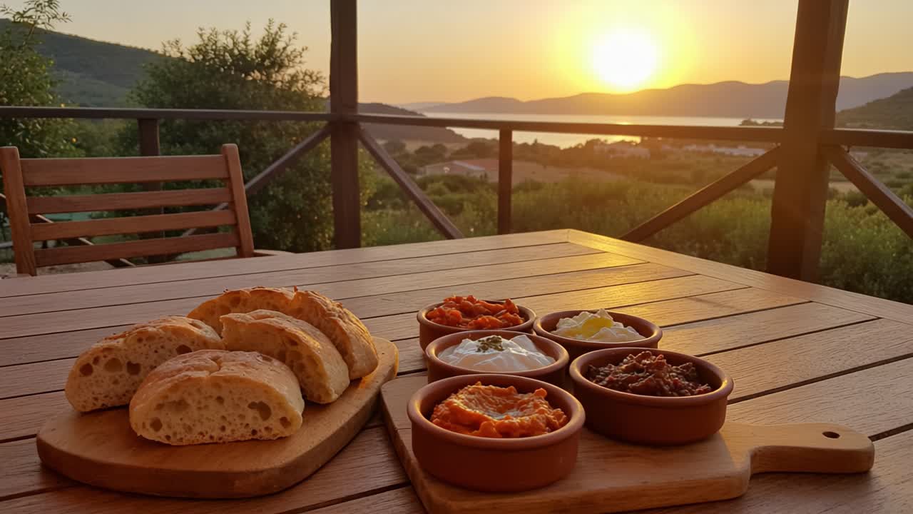 A Scenic Sunset Dining Experience Featuring Fresh Bread and Assorted Dips Overlooking a Serene Landscape