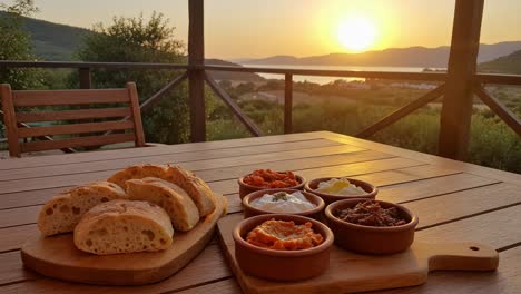 a scenic sunset dining experience featuring fresh bread and assorted dips overlooking a serene landscape