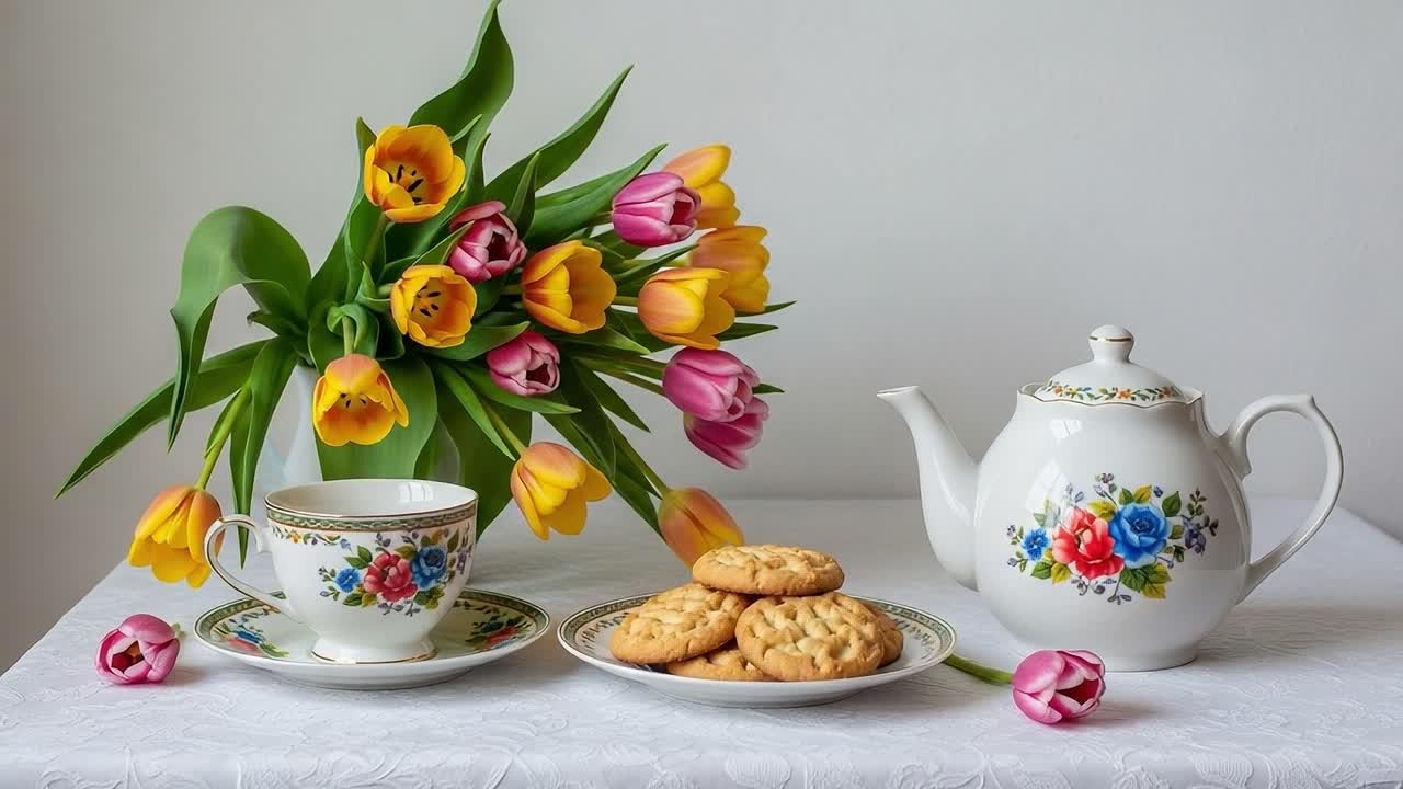 A Charming Spring Tea Setting with Floral Arrangement, Delicate Tea Cup, and Freshly Baked Cookies on an Elegant Tablecloth