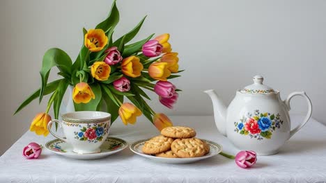 a charming spring tea setting with floral arrangement, delicate tea cup, and freshly baked cookies on an elegant tablecloth