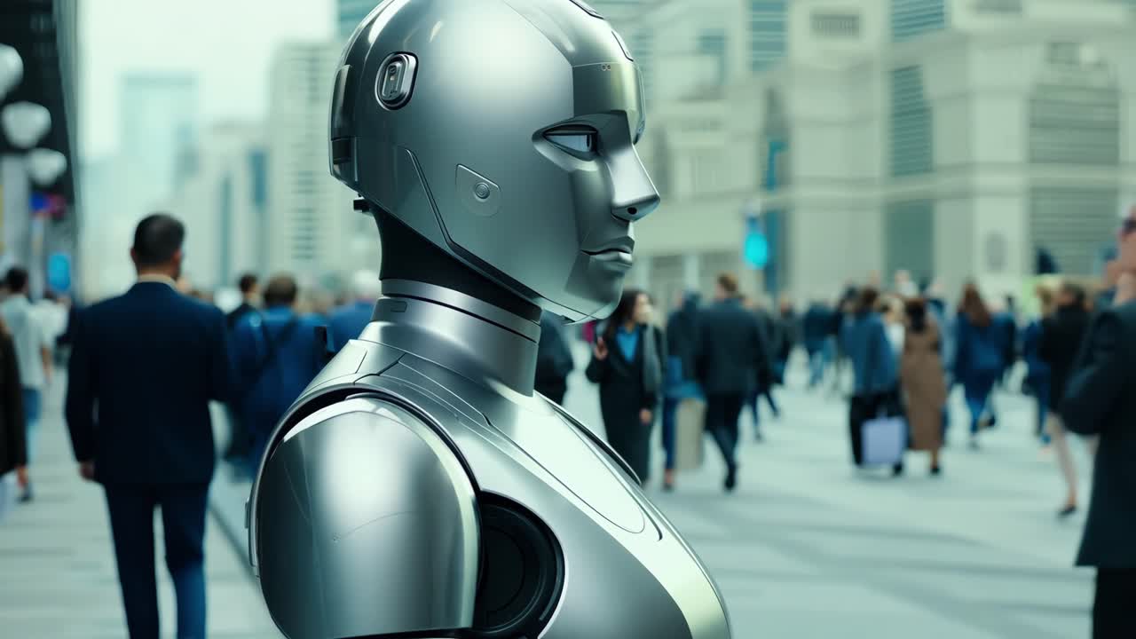 robot en una multitud de la ciudad
