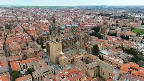 cathedral of salamanca filmed by drone on a cloudy day