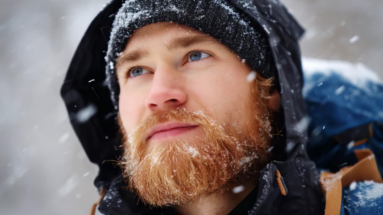 Eine Nahaufnahme eines schneebedeckten Entdeckers: Die Entschlossenheit und den Abenteuergeist unter harten Winterbedingungen einfangen