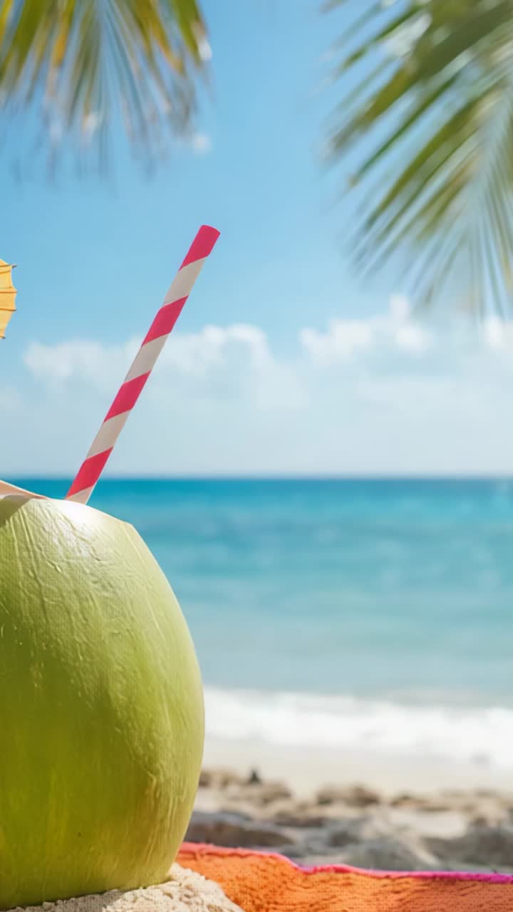 Vertical video: Opening shot showing coconut with straw resting on beach towel, copy space