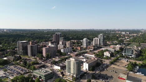 right to left shot of port credit, ontario, canada during the afternoon, seeing mostly buildings and some of the harbor with boats