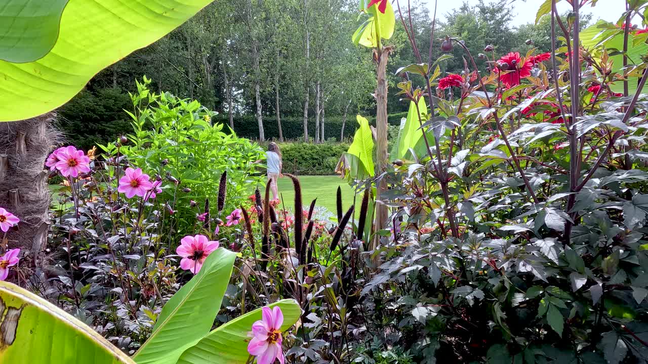 Camera slowly pans across lush, colorful flower beds in a botanical garden, capturing vivid blooms, green foliage, and natural daylight in a serene outdoor setting