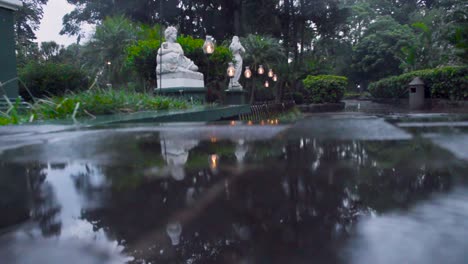 in a raining day the water looks beautiful falling into the floor and trees in the back