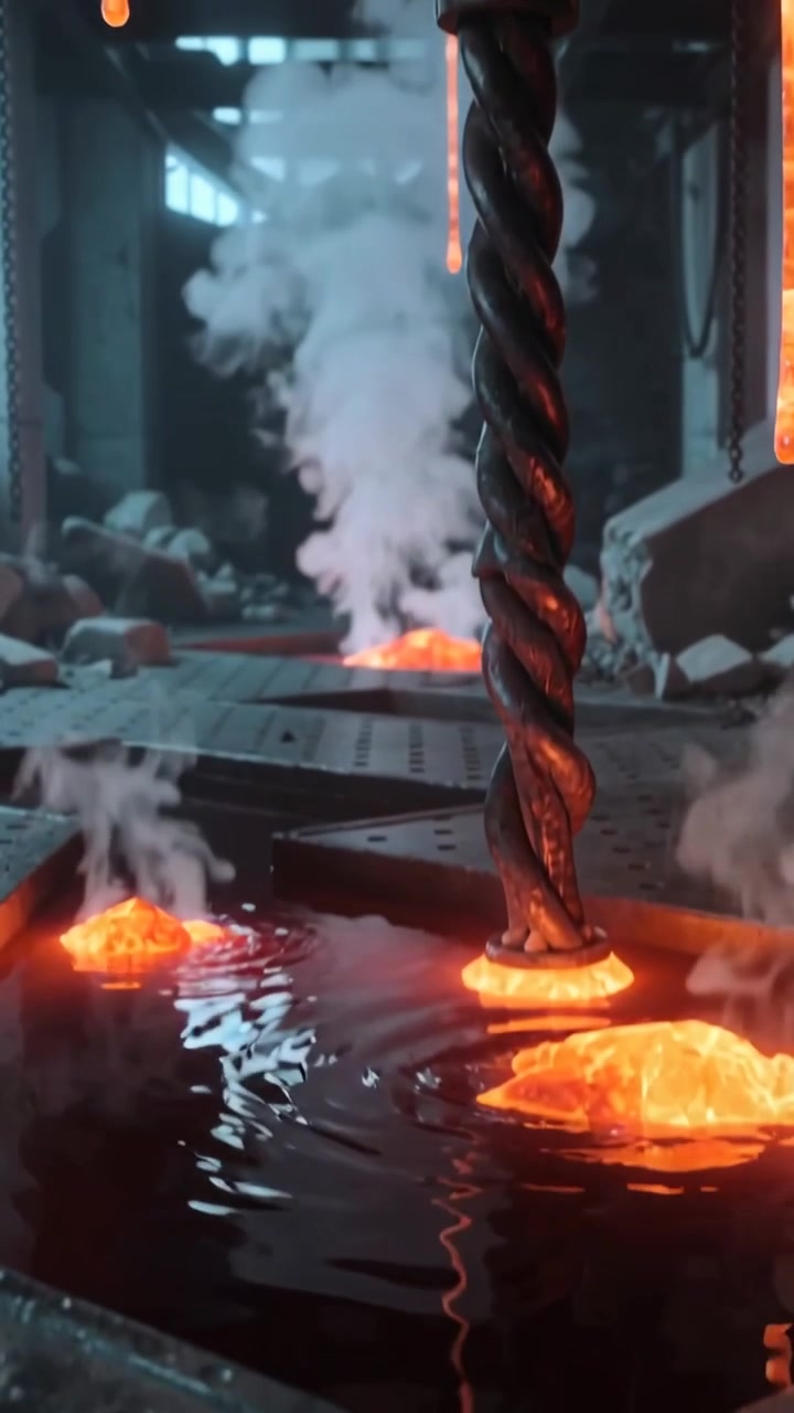 Vertical video: Extending twisted metal rod contacting molten pool in foundry hall