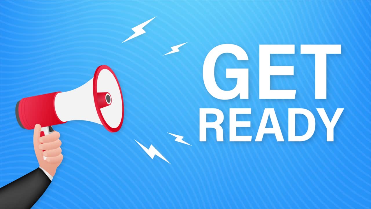 megafono con prepararse. estandarte de megafono. diseño web. gráficos de movimiento. 4k