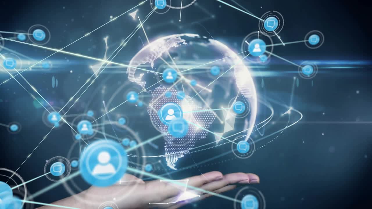 Pulsing rings spawning user icons, mesh drifting, globe forming, hand lifting for network demo